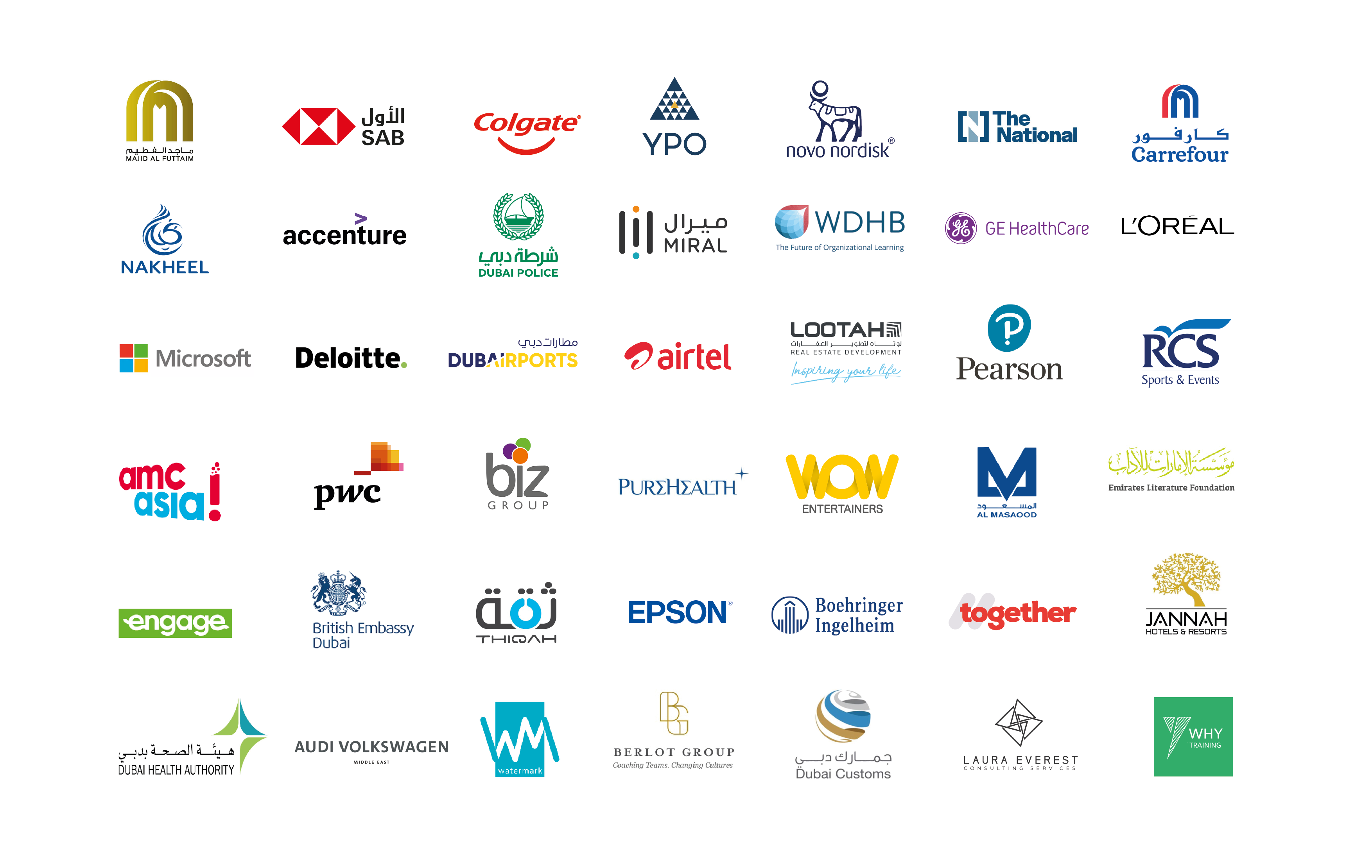 Collage of client logos including corporate leaders, government entities, and organizations partnered with iSTORYa Studio in Dubai and MENA