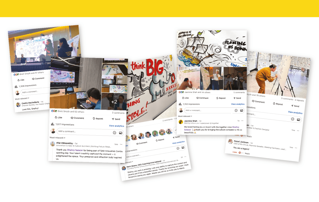 LinkedIn comments and feedback from live graphic recording sessions in Dubai and Riyadh, showcasing audience engagement and visual scribing impact.